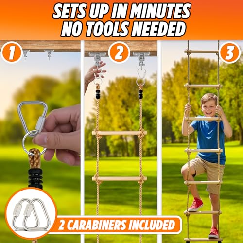 Wooden Rope Ladder for Kids - 6ft Tree Climbing Ladder with Carabiners | Real Wood Rungs, Heavy-Duty Rope, Holds 220 lbs, No-Tool Setup, for Treehouse, Swing Sets and Ninja Warrior Obstacle Course