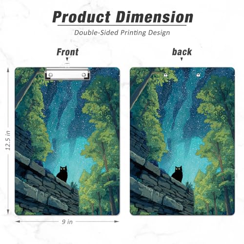 Rimilak Wood Clipboard, 8.5x11 Hardboard Clip Board, Night Cat | Fun Design, Cute Custom Pattern, 9 x 12.5 in Letter Size for Classroom, Teachers, Kid, Woman, School & Office Supply - color: Night Cat