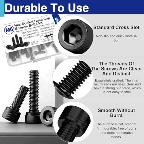 35PCS M6 Hex Socket Head Screws Assortment, 10-30mm | Includes 10mm, 16mm, 20mm, 25mm, 30mm, 35mm, 40mm, 45mm, 50mm, 55mm, 60mm, 65mm, 70mm, 75mm and 80mm lengths, Full thread - style: 35 PCS M6 × 10mm / 16mm / 20mm / 25mm / 30mm Black 304 Stainless Steel