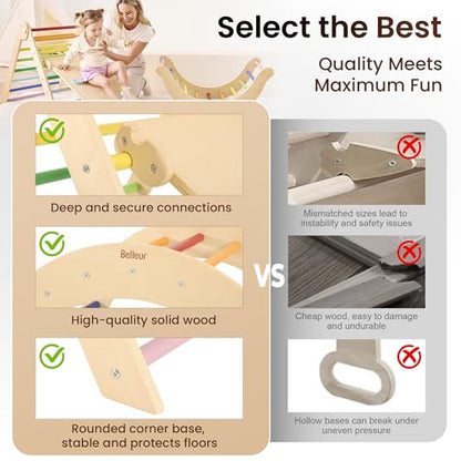 Belleur Pikler Triangle Set, 7-in-1 Foldable Climbing Toys for Toddlers 1-6 Years Old, Wooden Montessori Climbing Set with Arch, Ramp & Ladder, Baby Indoor Climber Jungle Gyms - Rainbow - color: Rainbow