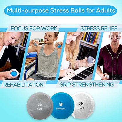 Serenilite Hand Therapy Exercise Stress Ball Bundle - Tri-Density Stress Balls for Adults & Grip Strengthening - color: Cloud, Sea Breeze, Titanium Set