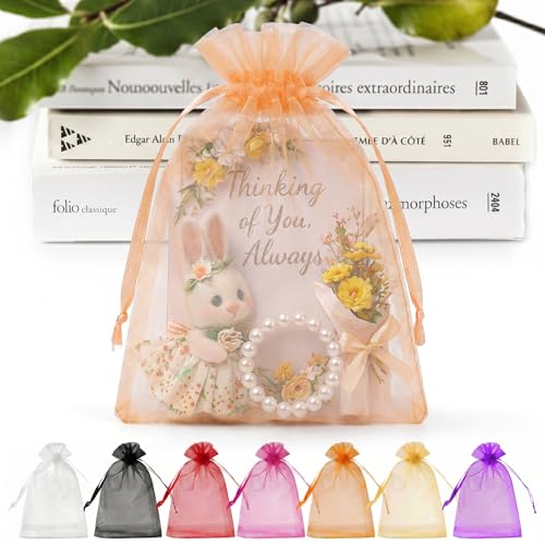 ANZNKU 50 PCS Organza Bags 5 x 7, Peach Small Mesh Gift Bags Drawstring | Sheer Goodie Sachet Pouches for Wedding Party Favors Baby Bridal Shower & Halloween, Use for Candy Jewelry Soap Treats Makeup - color: Peach