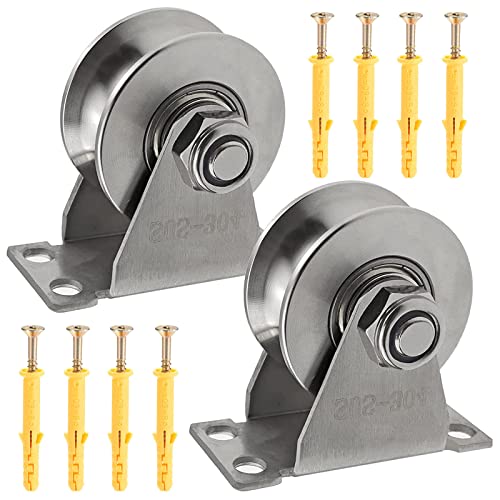 2 Pcs Wheel Pulley Stainless Steel Pulley Block Super Silent Pulley Block for DIY Gym Equipment,Sliding Gate Detachable Duplex Bearing with Mounting Screws and Expansion Pipes, U Groove Type - color: Silver