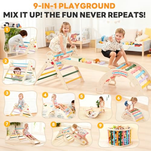 NEWBULIG Pikler Triangle Set for Toddlers, 9-in-1 Foldable Montessori Climbing Toys Indoor Playground with Arch & Ramp & Ladder, Wooden Montessori Climbing Set for Indoor Active Play, Rainbow