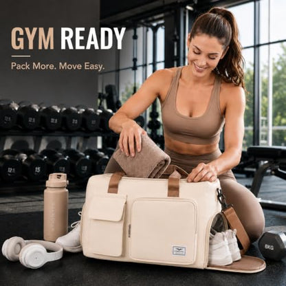 FIORETTO Women's Gym Duffle Bag with Shoes Compartment, 30L Capacity, Ideal for Travel, Gym, Sports, Duffel, Weekender - color: Beige& Brown, style: Gym Bag