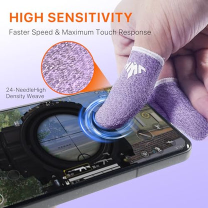Jwh 10 Pcs Silver Fiber Game Finger Sleeves,Purple Thumb Sleeves Mobile Gaming Cots,Game Thumb Covers,Gaming Finger Gloves with Touchscreen for Pubg Fundas para Dedos Dedales Gamer Profesionales - color: 10Pcs Purple +Storage Box