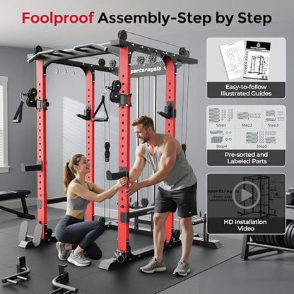 SPORTSROYALS Power Rack, Multi-Functional Power Cage, Squat Rack with Pulley System & LAT Pull Down, Workout Cage with J Hooks for Home Gym - color: Ruby Red, style: Power Cage Only