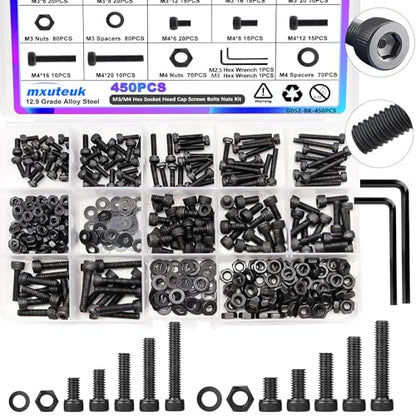 mxuteuk 450PCS M3 M4 Screws Assortment Set,6/8/12/16/20mm Screws Bolts Nuts Kit 12.9 Grade Alloy Steel Hex Socket Head Cap M3 M4 Bolts with Hex Wrench - size: 450PCS M3 M4, style: Hex Socket Head