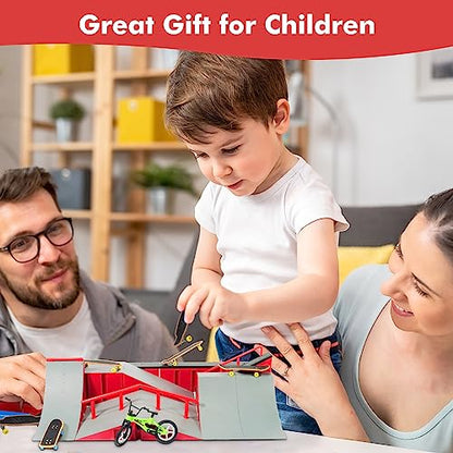 Finger Skateboard Park Kits (9 in 1),Finger Skateboard Ramp Set with 5 Fingerboards, Finger Scooter,Finger Bike,Finger Skateshoes and Finger Pants,Skateboard Toys Christmas Birthday Gift for Kids