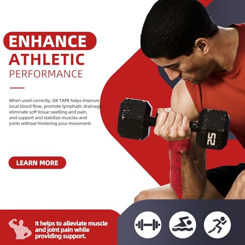 OK TAPE PRO Kinesiology Tape Uncut Roll, Elastic Physical Therapy Athletic Tape for Pain Relief, Muscle Support, Kinetic Tape, Water Resistant, 2in X 16.4ft -Red | 2 Inch Athletic Tape for Pain Relief, Muscle Support, Kinetic Tape, Water Resistant, 16.4Fe