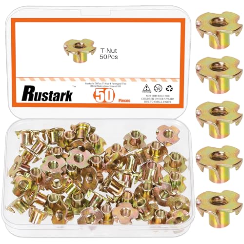 50Pcs M6x10mm Yellow Zinc Four-jaw Tee Nuts Assortment Kit Metric T Nut 4 Pronged Tee Blind Nuts Threaded Insert for Wood Furniture Rock Climbing Holds Cabinetry - style: yellow zinc 6x10MM 4-pronged tee nuts