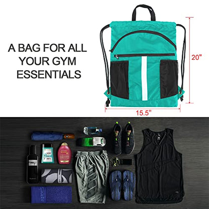 BeeGreen Drawstring Backpack Bag with Shoe Compartment, X-Large Black Gym Sports String Cinch Backpack - color: Teal Blue