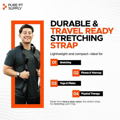 Pure PT Stretching Strap, 10 Loops, Non-Elastic Stretch Strap, Yoga Strap | Flexibility Training, Non-Elastic, Leg & Hamstring Stretcher, Rehab, Pilates, Home & Gym Use, Workout Guide Included