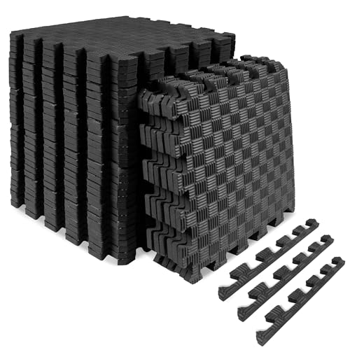 ProsourceFit Exercise Puzzle Mat ½-inch, Checkered EVA Foam Floor Tiles w/ Non-Slip Texture, Interlocking Design for Adjustable Gym Surfaces, Shock Absorbing, Black, 36 SQ FT - 36 Tiles - color: Black, size: 36 Tiles