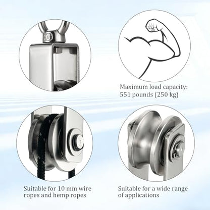 Cable Pulley Block Stainless Steel Swivel with Silence Bearings for Garage,Attic,Kayak,Deer Hanging,Gym Equipment,550LB Lifting,4 Pack