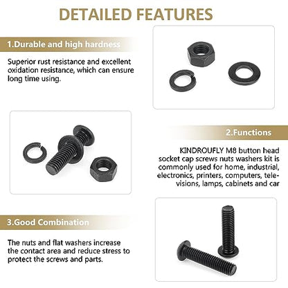 77 Pieces Black M8 x 30/35 /40/45 /50 mm Button Head Socket Cap Screws Nuts Washers Assortment Kit, 10.9 Grade Alloy Steel - size: M8 x 30/35/40/45/50mm, style: Button Head