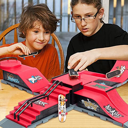 Finger Skateboard Ramps Set, 6 in 1 Fingerboard Skatepark Deck for Training Skate Park Kit with 6 Skateboards, 6 Fingerboard Ramps & Display Holder, Mini Finger Accessories Set Girls Boys Gifts