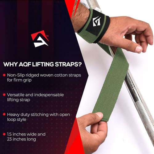 AQF Weight Lifting Straps, Padded Cotton Gym Wrist Straps for Deadlifts | 23" Extra-Long, Heavy-Duty Webbing, 5mm Neoprene Cushioning, Open-Loop Design, Sold as Pair, Ideal for Rows & Pull Workout - color: Military Green