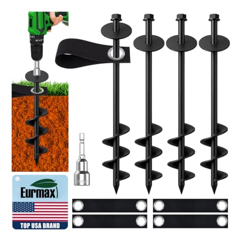 Eurmax USA 4 Pack Universal Ground Anchors High Wind, Heavy Duty Screw-in Trampoline Stakes with 4 Straps, Upgraded Commercial Anchor Kit for Outdoor Sheds, Swing Sets & Mobile Homes (Black) - color: Black, style: Hex Head