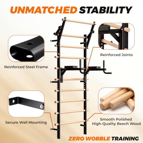 LIFERUN Swedish Ladder Wall Gym with Adjustable Pull-Up & Dip Bar | 92" Solid Beechwood, 264Lbs Capacity, Wall Mounted 9 Anchor Rods, Ideal for Home, School, Therapy & Gymnastics Training