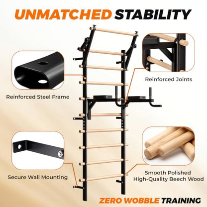 LIFERUN Swedish Ladder Wall Gym with Adjustable Pull-Up & Dip Bar | 92" Solid Beechwood, 264Lbs Capacity, Wall Mounted 9 Anchor Rods, Ideal for Home, School, Therapy & Gymnastics Training