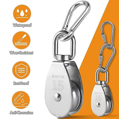 LAIWOO M20 Heavy Duty Stainless Steel Pulley Block, Rope and Hooks, 2 Pack | Includes eye pad plate and line cleat, corrosion resistant, for lifting, DIY and clothesline - size: M20