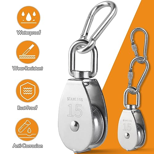 LAIWOO M25 Heavy Duty Stainless Steel Pulley Block, Rope and Hooks, 2 Pack | Includes eye pad plate and line cleat, corrosion resistant, for lifting, DIY and clothesline - size: M25-11P