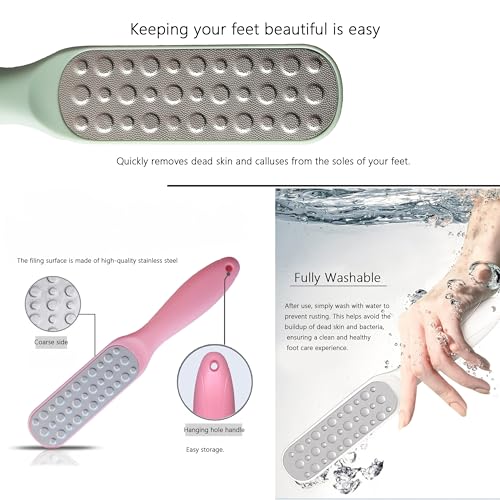 Dual-Sided Professional Pedicure Foot File - Stainless Steel Callus Remover for Hard Skin, Dry and Wet Use, Home or Salon Care, 2 Pack (Green & Pink) - color: Green & Pink