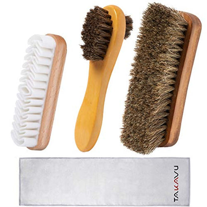 TAKAVU Shoe Shine Kit 4pcs, 100% Horse Hair, Polish & Crepe Suede Brush | HorseHair Shoe Cleaning Brushes, Polish Applicator Dauber & Buffing Cloth, Leather Care for Boots, Dress Shoes & Bags