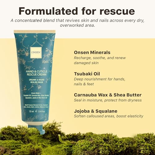 Onsen Hand & Cuticle Rescue Cream | Organic Nail Strengthener & Balm | Dry, Cracked Hands, Elbows & Feet | Shea Butter, Tsubaki & Jojoba Oil | Nail Repair & Growth, Vegan - 1 Pack (2.4 fl. oz) - size: 2.4 Ounce (Pack of 1)