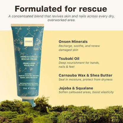 Onsen Hand & Cuticle Rescue Cream | Organic Nail Strengthener & Balm | Dry, Cracked Hands, Elbows & Feet | Shea Butter, Tsubaki & Jojoba Oil | Nail Repair & Growth, Vegan - 1 Pack (2.4 fl. oz) - size: 2.4 Ounce (Pack of 1)