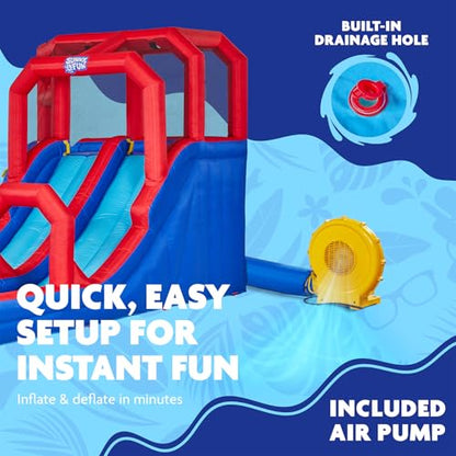 SUNNY & FUN Mega Climb N’ Go Inflatable Water Slide Park with Two Slides | Heavy-Duty Oxford Blow-Up Water Park for Kids Backyard with Deep Splash Pool, Air Blower & Carry Bag | Easy Setup & Drainage