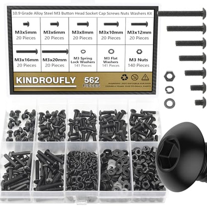 562 Pieces Black M3 x 5/6 /8/10 /12/16 /20mm Button Head Socket Cap Screws Nuts Washers Assortment Kit, 10.9 Grade Alloy Steel - size: M3, style: Button Head