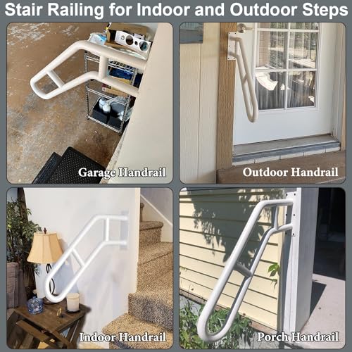 Upgraded Stair Handrails for 1-3 Steps, Bent Handrails for Outdoor Steps | 27" Wall Mounted Stair Railing U-Shaped Safety Grab Bar with 2 Anti-Skid Crossbar for Garage, Porch, Garden, Yard - size: 27 inch, style: Bent White 1 Pack