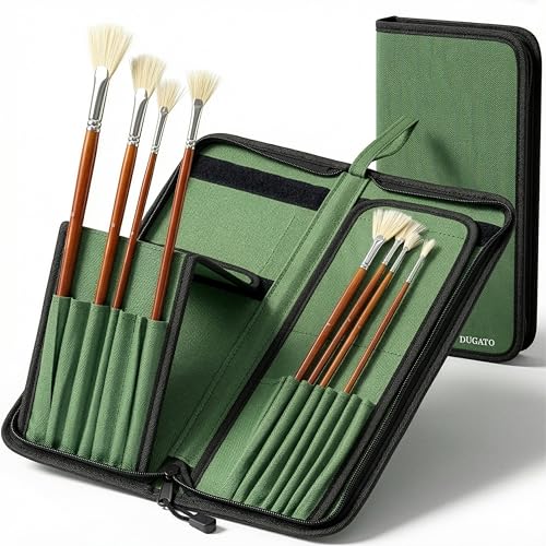DUGATO Long Brush Holder & Organizer, Canvas Case 5.7 x 14.8 in, Green | 15 Slots Zipper Paint Brush Case for Brushes up to 13 in Length, Artist Long Handle Brush Art Case (Brush Not Included) - color: Green, size: Large 5.7x14.8 inches