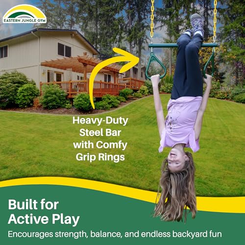 Eastern Jungle Gym Heavy-Duty Ring Trapeze Bar Combo | Large 20" Trapeze Swing Bar with Triangular Gymnastic Rings and Pinch-Free Coated Swing Chains 43" Long