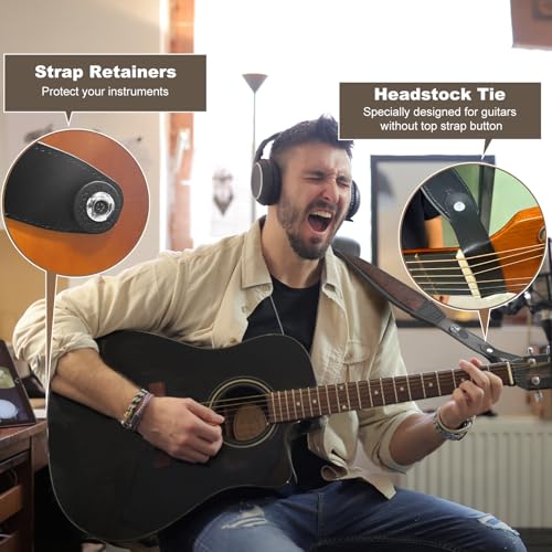 Guitar Straps for Electric Guitar Bass, Smooth Guitar Strap, 3" Wide Padded Straps with 3D Sponge Filling, Comes with 4 Picks + 2 Strap Locks + 1 Headstock Tie + 1 Tie Rope, Brown - color: Smooth Brown