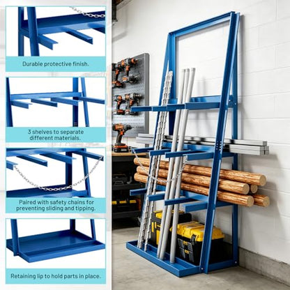 Vertical Bar Rack, Heavy Duty Rack for 3000LBS Capacity, Lumber Storage Shelfs Rack with Safety Chain, Carbon Steel Standing Pipe Rack Shelf Organizer for Warehouse Garage Workshop Factory