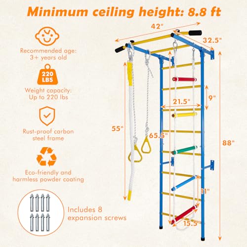 5in1 Climbing Toy Set, Steel Ladder wall kit (Including Ladder wall, Horizontal Bars, Ropes, Gymnastic Rings, and a Sturdy wall), a Set of Climbing ladders for Boys and Girls as Gift.