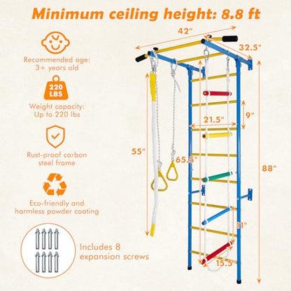 5in1 Climbing Toy Set, Steel Ladder wall kit (Including Ladder wall, Horizontal Bars, Ropes, Gymnastic Rings, and a Sturdy wall), a Set of Climbing ladders for Boys and Girls as Gift.