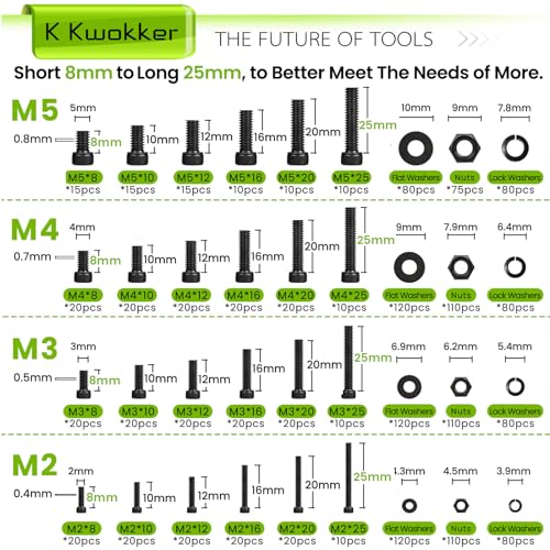 M2 M3 M4 M5 Hex Socket Bolt & Nut Assortment Kit, 1574Pcs | 12.9 Alloy Steel Zinc Plated Anti-rust; 24 Sizes 8–25mm Metric Screws with Lock Washers for 3D Printing DIY Machinery Repair - size: H. M2 M3 M4 M5