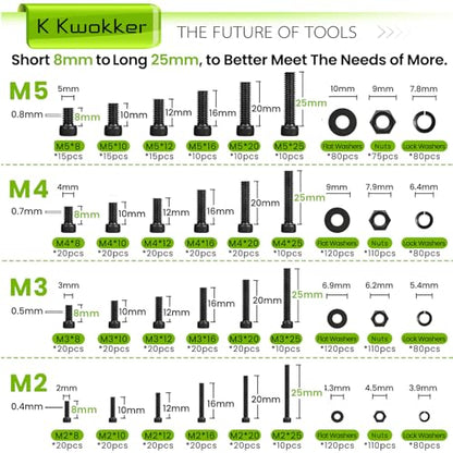 M2 M3 M4 M5 Hex Socket Bolt & Nut Assortment Kit, 1574Pcs | 12.9 Alloy Steel Zinc Plated Anti-rust; 24 Sizes 8–25mm Metric Screws with Lock Washers for 3D Printing DIY Machinery Repair - size: H. M2 M3 M4 M5