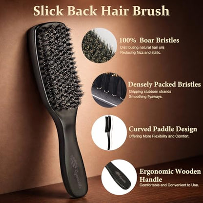 Slick Back Hair Brush Boar Bristles,Smoothing Hair Brush For Fine Hair | Adding Shine,Smoothness＆Volume | Handmade Wooden Boar Bristle Hair Brush | Designed for Fine&Thin Hair