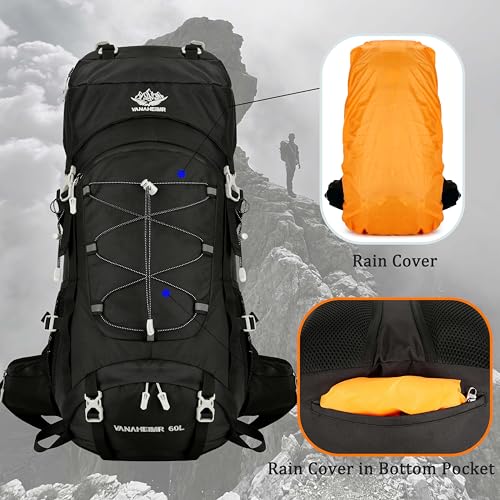 60L Travel Hiking Camping Backpack with Rain Cover, Backpack Water Resistant,Climbing Backpack for Men Women - color: Black