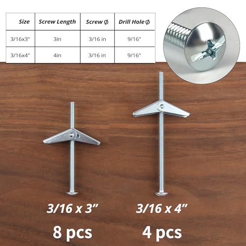 HASWARE Toggle Bolt Zinc Plated Steel and Wing Nut for Hanging Heavy Items on Drywall 3/16 Multi (12 Pack) - size: 3/16 Multi (12 Pack)