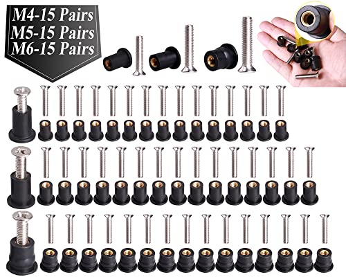 WEDAMER 45 Pairs M4 M5 M6 Neoprene Well Nuts with Stainless Steel Screw M5 Rubber Well Nuts Kayak Brass Copper Bolts Well Nut Kit for Kayak Motorcycle Boat Marine Windscreen Accessories (M4 M5 M6) - color: M4 M5 M6 each 15 Pairs