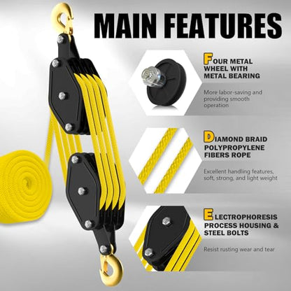 YATOINTO Rope Hoist Pulley System, 4400LB Pulley Block and Tackle, 8:1 Ratio Lifting Power 65ft, Heavy Duty Pulley Block for Hunting Lifting Heavy Objects Garage Warehouses Building (Yellow) - color: Yellow(Powder Coating)