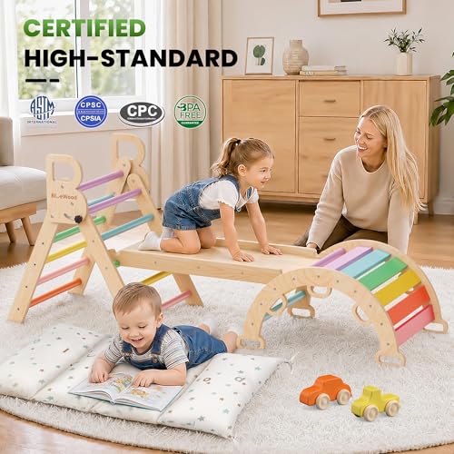 BlueWood Pikler Triangle Set with Cushion, Wooden Climbing Toys for Toddler | Foldable 9-in-1 Montessori Philosophy Toddler Climbing Toys Indoor with Reversible Ramp, Arch and Ladder - Rainbow - color: Rainbow