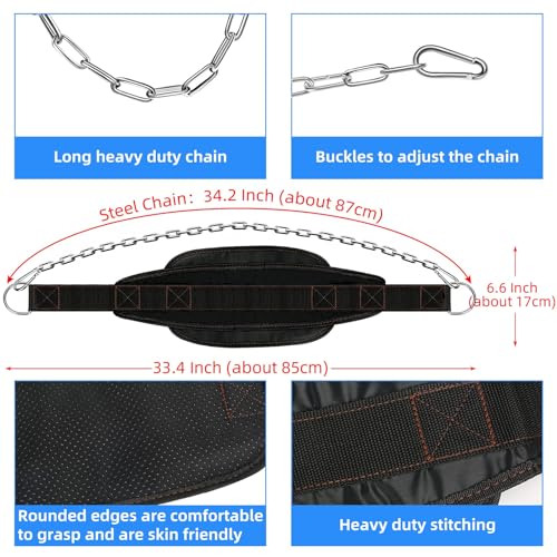 Dip Belt for Weight lifting, Weight Belt with 34'' Extra Long Adjustable Steel Chain, Pull Up Belt for Powerlifting, Strength Training and Bodybuilding, Comfortable Waist Back Support for Men & Women
