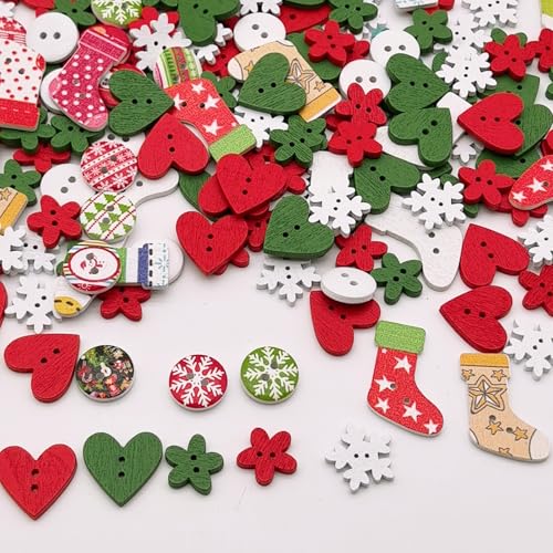 100 PCS Christmas Wooden Buttons Assorted Christmas Art Craft Buttons Snowflake Buttonsfor Handmade Project, Mixed Sizes and Styles - color: white red green 100PCS